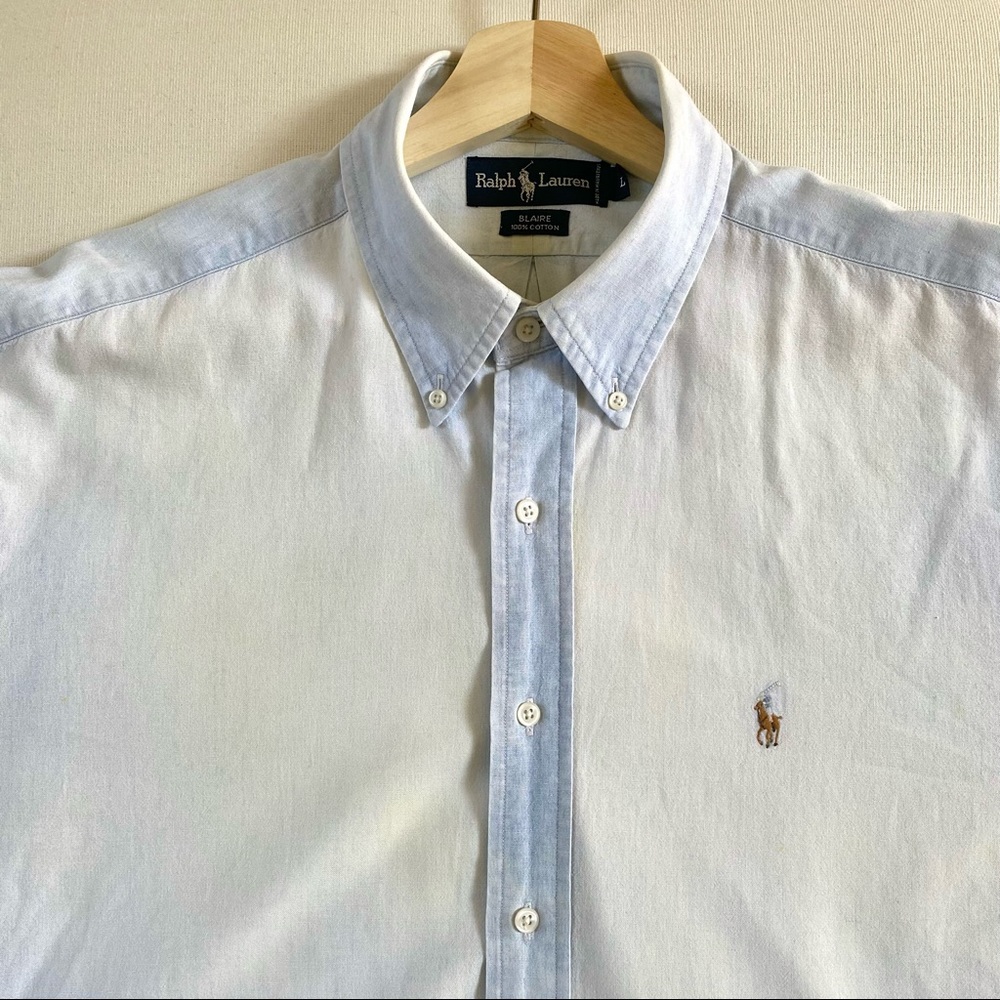 RALPH LAUREN BLAIRE 100% Cotton Men’s Shirt, Light Blue and White, Size Large
